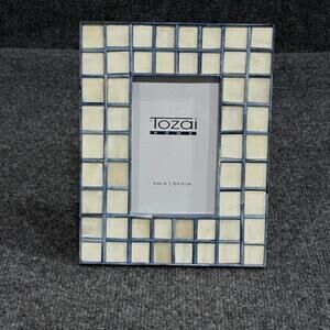 Tozai Home Photo Frame 4x6 Mosaic Tile Beige Blue Handmade India Wood Ornate